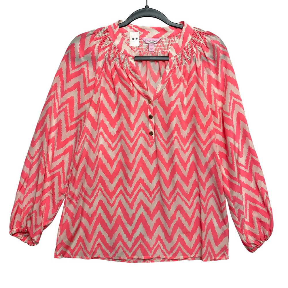 Lilly Pulitzer Blouse Womens XS Pink Elsa Silk Smocked Neck Button-Down Top